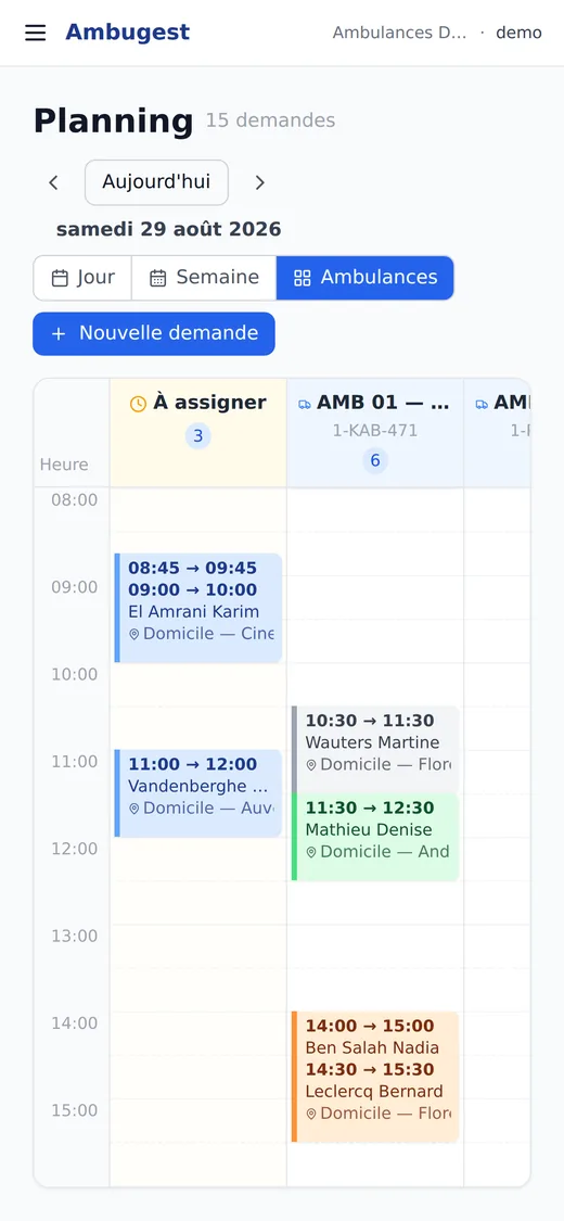 Ambugest sur smartphone : planning des transports du jour.
