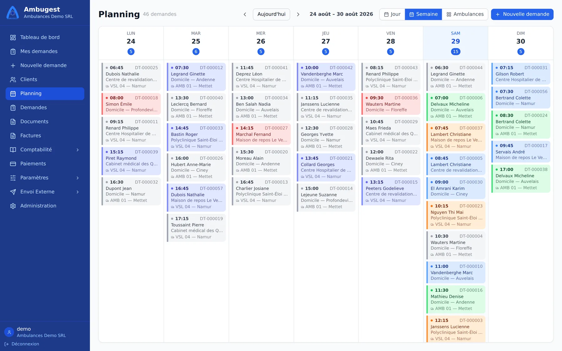 Planning hebdomadaire d'Ambugest : les sept jours de la semaine en colonnes, avec le nombre de transports par jour.