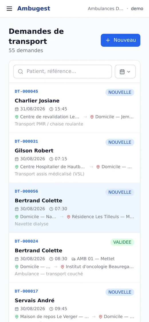 Ambugest sur smartphone : liste des demandes de transport et liste des factures.